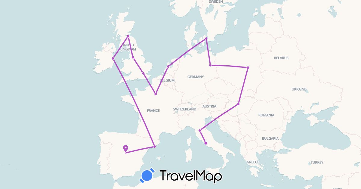 TravelMap itinerary: driving, train in Germany, Denmark, Spain, France, United Kingdom, Hungary, Ireland, Italy, Netherlands, Poland (Europe)